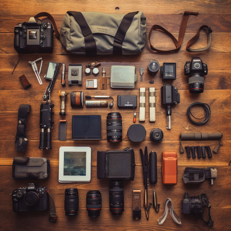 Photographer equipment on a wooden background. Top view. Flat lay.の素材