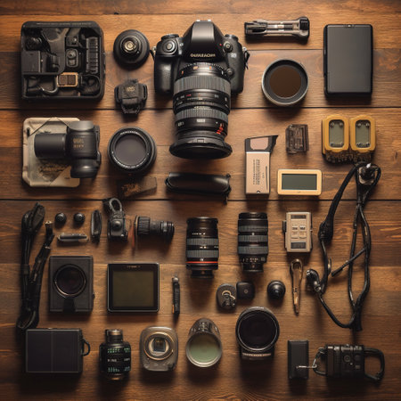 Photographer equipment on wooden background. Top view. Flat lay.の素材