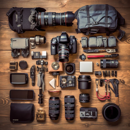 Photographer equipment on wooden background. Top view. Flat lay.の素材