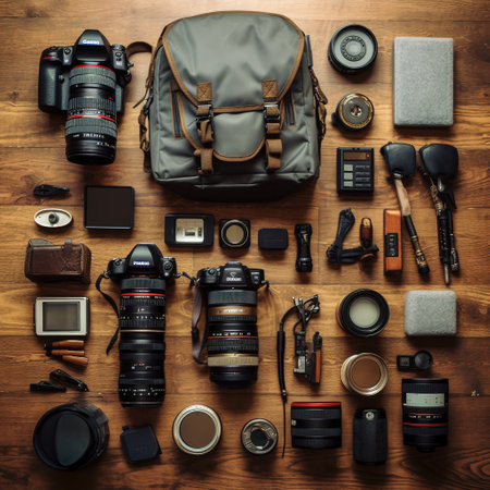 Photographer equipment on wooden background. Top view. Flat lay.の素材