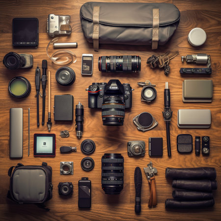 Photographer equipment on wooden background. Top view. Flat lay.の素材