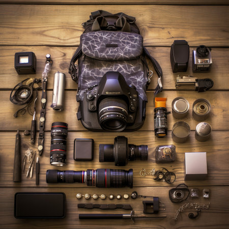 Top view of photographer's equipment on a wooden background. Flat layの素材