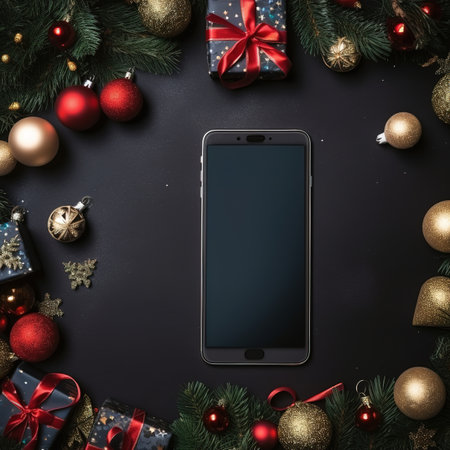 Top view of smartphone with blank screen and christmas decorations on black backgroundの素材