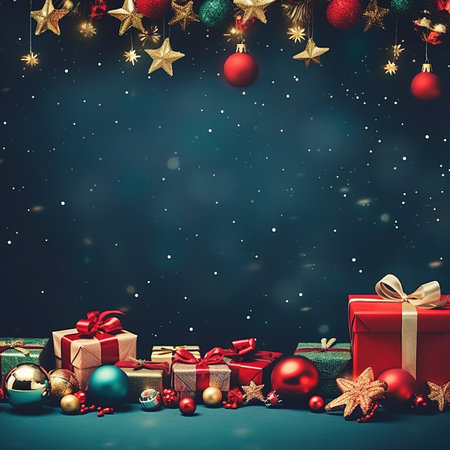 Christmas background with gift boxes and christmas decorations on dark blue backgroundの素材