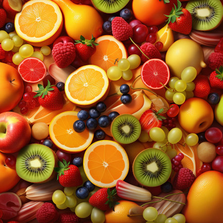 Fruits and berries background. Healthy food concept. Top view.の素材