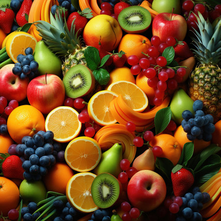 Fruits and vegetables background. Healthy food concept. Top view.の素材