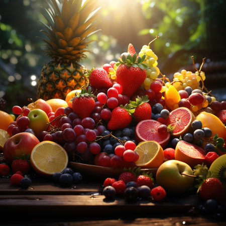 Assortment of fresh fruits on a wooden table in the garden.の素材