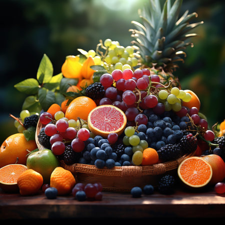 Fresh fruits in basket on wooden table, selective focus. Healthy food.の素材