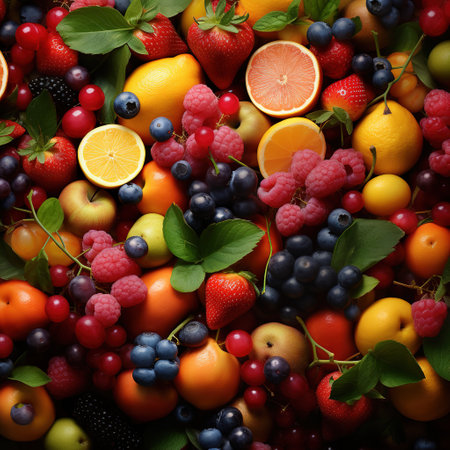 Mix of fresh fruits and berries as a background. Top view.の素材