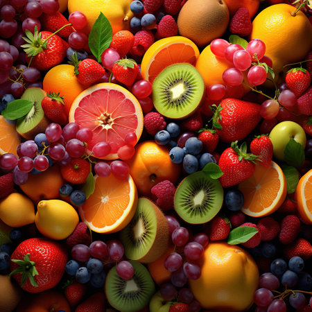 Fruits and berries background. Healthy food concept. Top view.の素材