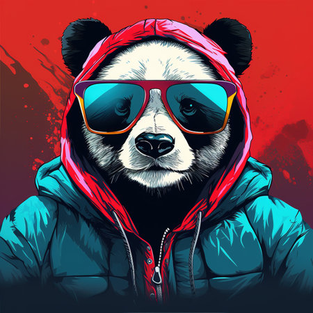 Panda bear wearing a red winter jacket and sunglasses.の素材