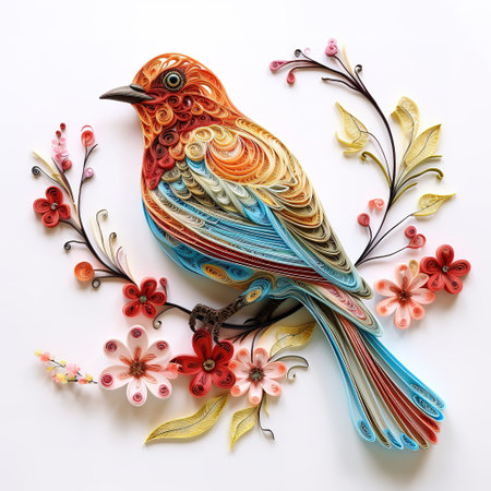 Colorful bird with floral ornament on white background, top view.の素材