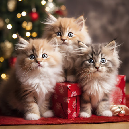 Three fluffy kittens with Christmas gifts on the background of the Christmas treeの素材