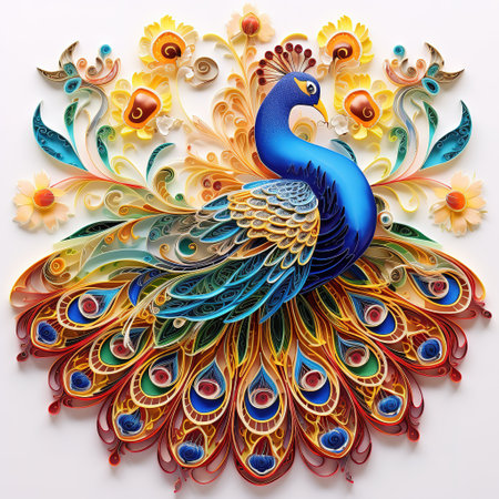 Colorful peacock with flowers on white background. 3d illustrationの素材