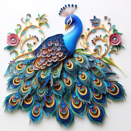 Colorful peacock made of paper on white background, top viewの素材