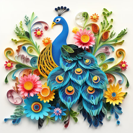 Peacock with flowers and leaves on white background. 3d illustrationの素材