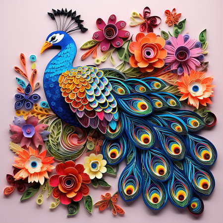 Peacock with colorful flowers on pink background. 3d illustrationの素材