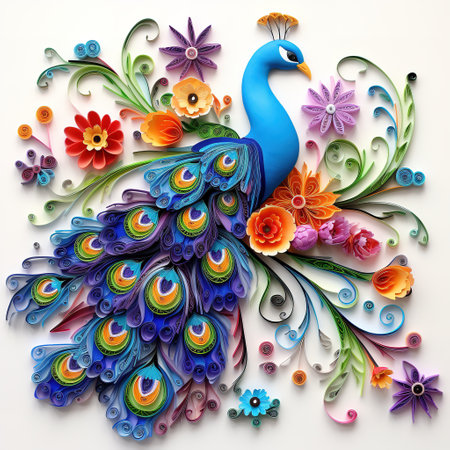 Peacock with flowers on white background. 3D illustration.の素材