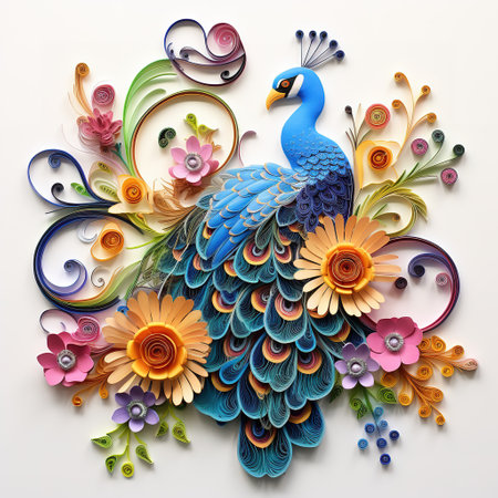 Beautiful peacock with colorful flowers on white background. 3d illustrationの素材