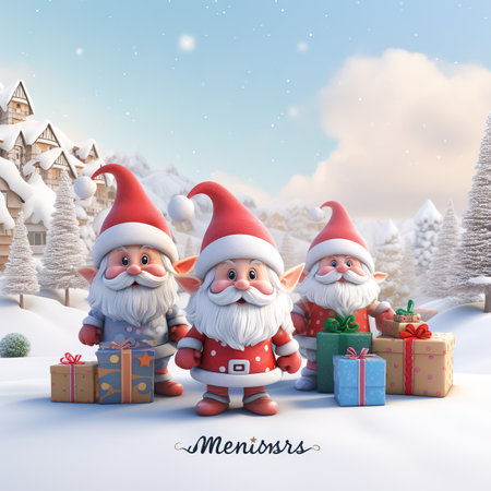 Santa Claus with gifts in the winter forest. 3d rendering.の素材