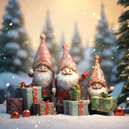 Christmas greeting card with cute gnomes on snowy background. 3D rendering.の素材