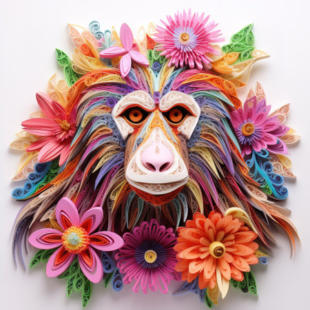 Colorful monkey made of paper and colorful flowers on white background.の素材