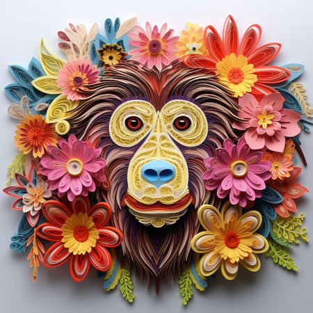 Colorful flowers and monkey head on white background. 3D illustration.の素材
