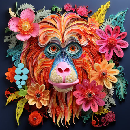 Colorful monkey face made of paper flowers and leaves on blue backgroundの素材