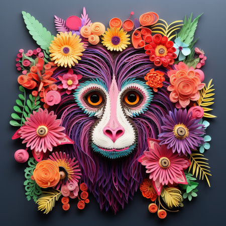 Face of the monkey made of flowers and leaves.の素材