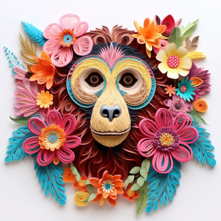 Colorful papercraft animal with flowers and leaves on white background.の素材