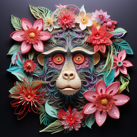 Portrait of a monkey with flowers and leaves on a black backgroundの素材