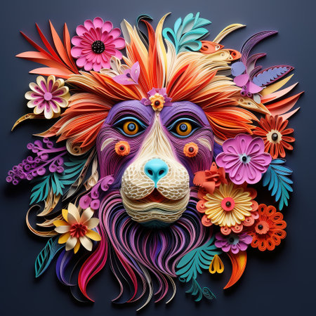 Beautiful lion head with colorful flowers on dark background.の素材