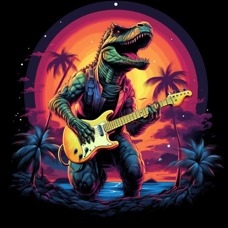 illustration of a dinosaur playing the electric guitar in front of sunsetの素材