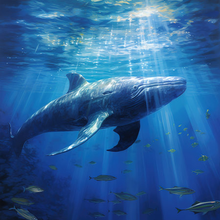 Whale swimming in deep blue ocean. Underwater world. 3D renderingの素材
