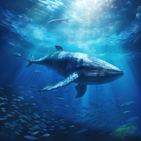 Whale swimming in deep blue ocean. Underwater world. 3d renderingの素材
