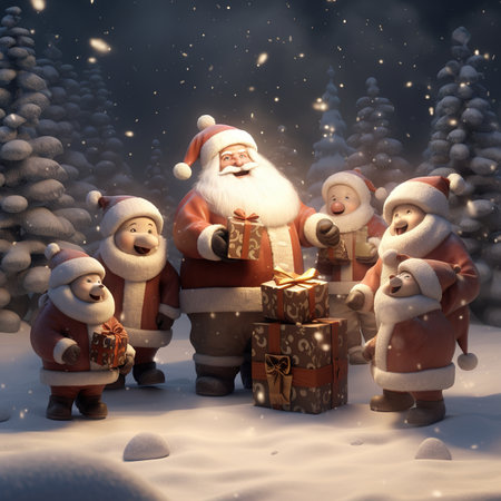 santa claus with presents in winter forest. 3d illustrationの素材