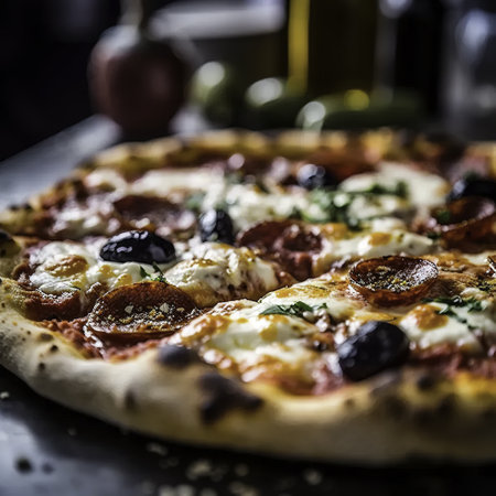 Pizza with mozzarella cheese and olives on a black backgroundの素材