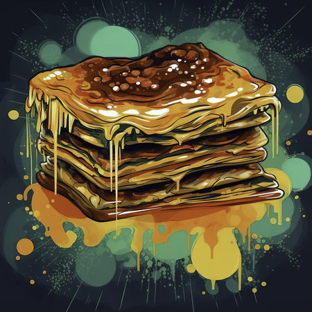 Illustration of a stack of pancakes with dripping syrup on a dark backgroundの素材
