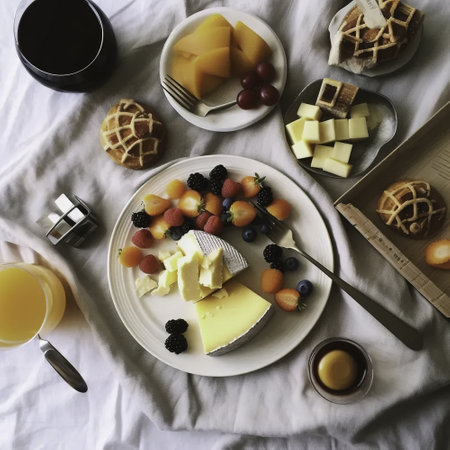 Breakfast served in bed with cheese, fruits, honey and juiceの素材