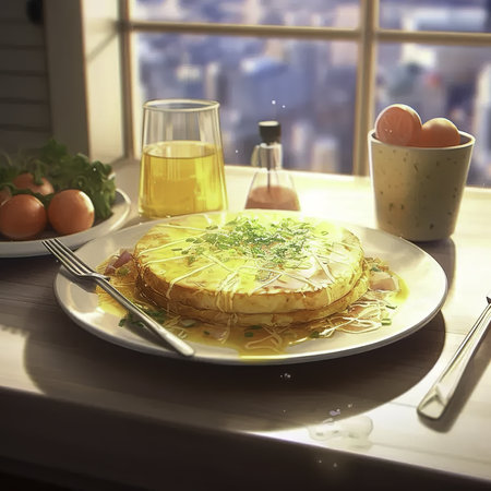 Pancake with cheese and herbs on a white plate in the kitchenの素材