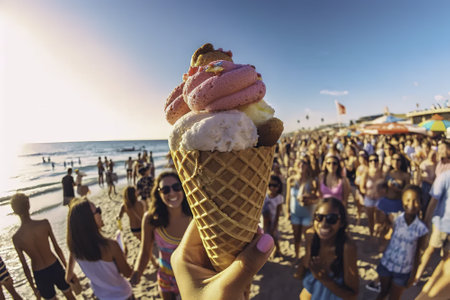 Diverse group of people having fun on the beach, eating ice creamの素材