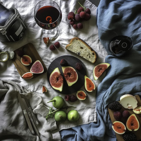 Still life with wine, fruits and bread on the bed. Top viewの素材