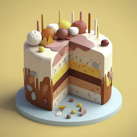 3d render of cake with cream and candies on yellow backgroundの素材