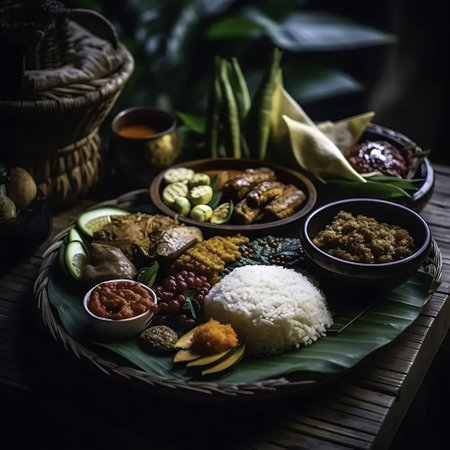 Thai traditional food in a basket on wooden table, selective focusの素材