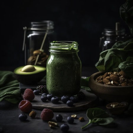 Healthy green smoothie with spinach, blueberries and nuts on dark backgroundの素材
