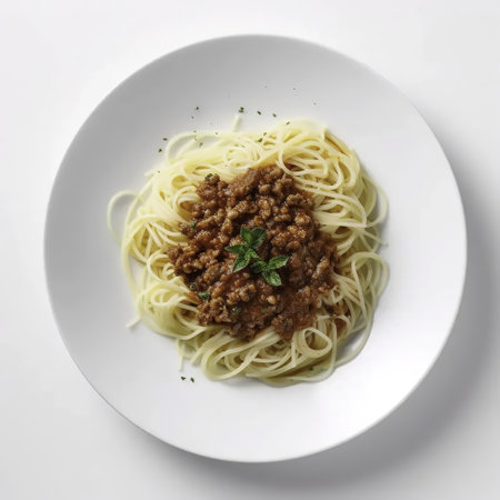 Spaghetti bolognese on a white plate, top viewの素材