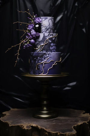 Wedding cake with purple flowers on a wooden stand on a black backgroundの素材