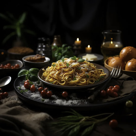 Spaghetti with pesto sauce and parmesan cheese on black backgroundの素材