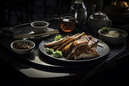 Grilled duck on black plate with chopsticks and tea on black backgroundの素材