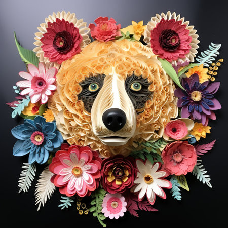 Bear head with flowers on a black background. 3d illustration.の素材